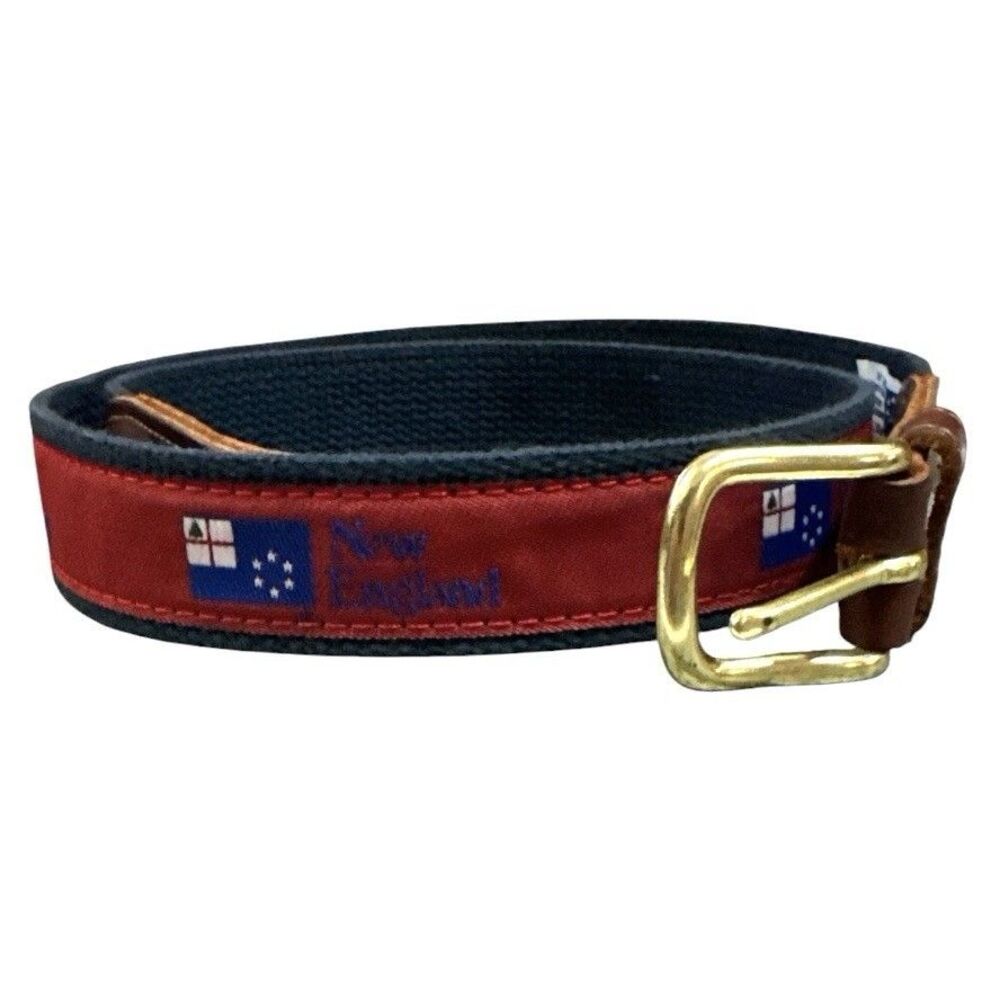 Vintage Preston New England Nautical Canvas Belt Leather Brass Buckle USA 38"